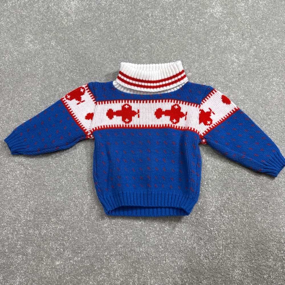 Park Bench Kids Vintage Airplane Knit Turtleneck Sweater Blue Red White 3T USA